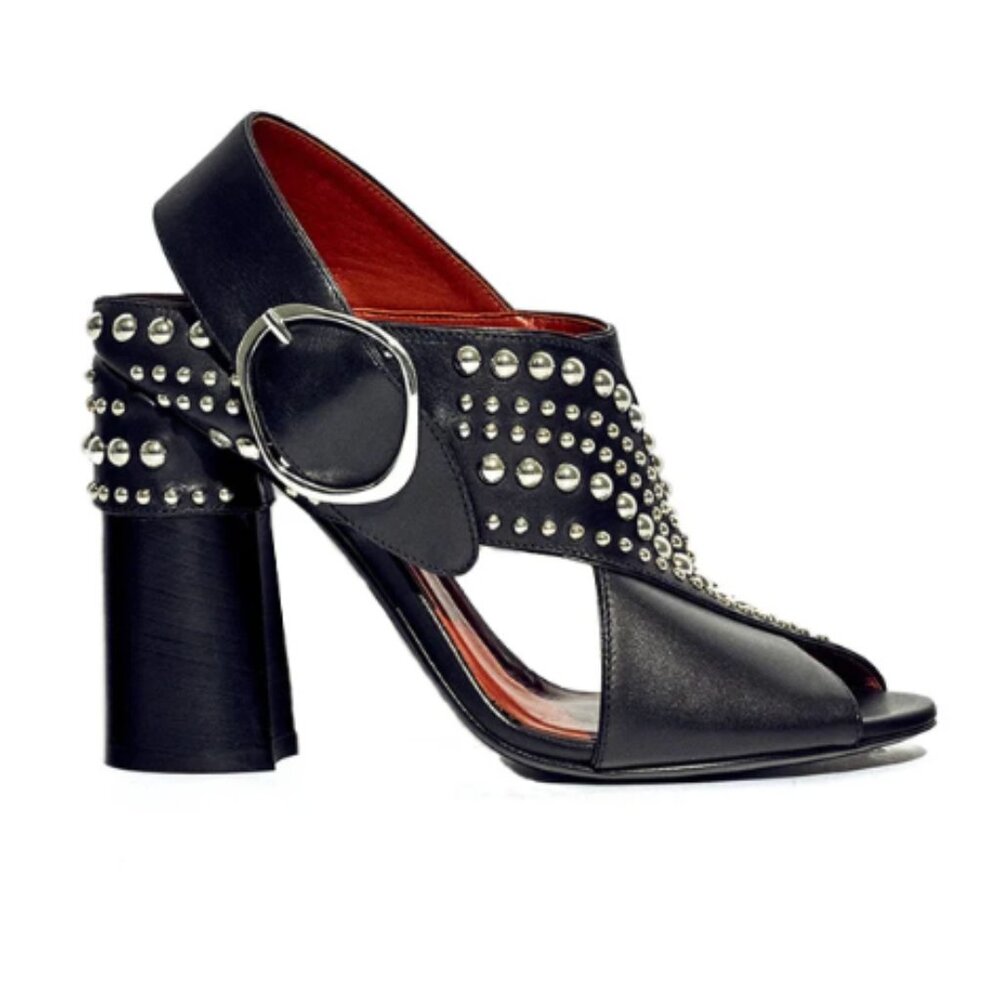 3.1 Phillip Lim Black/Grey Leather Silver Stud Chunky Heel - MADE IN ITALY